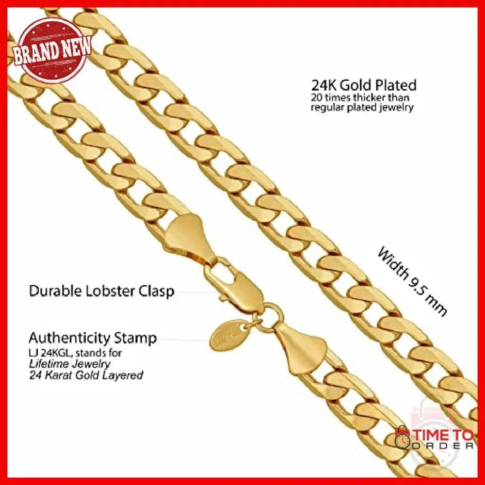24k Gold Plated Cuban Link Chain Necklace Solid Diamond Cut